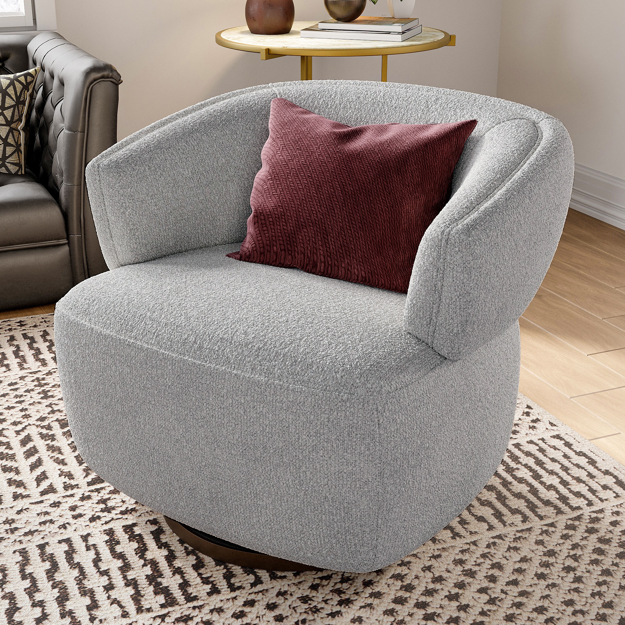 Modern Round Swivel Armchair With Solid Wood Frame In Grey_voghion.com